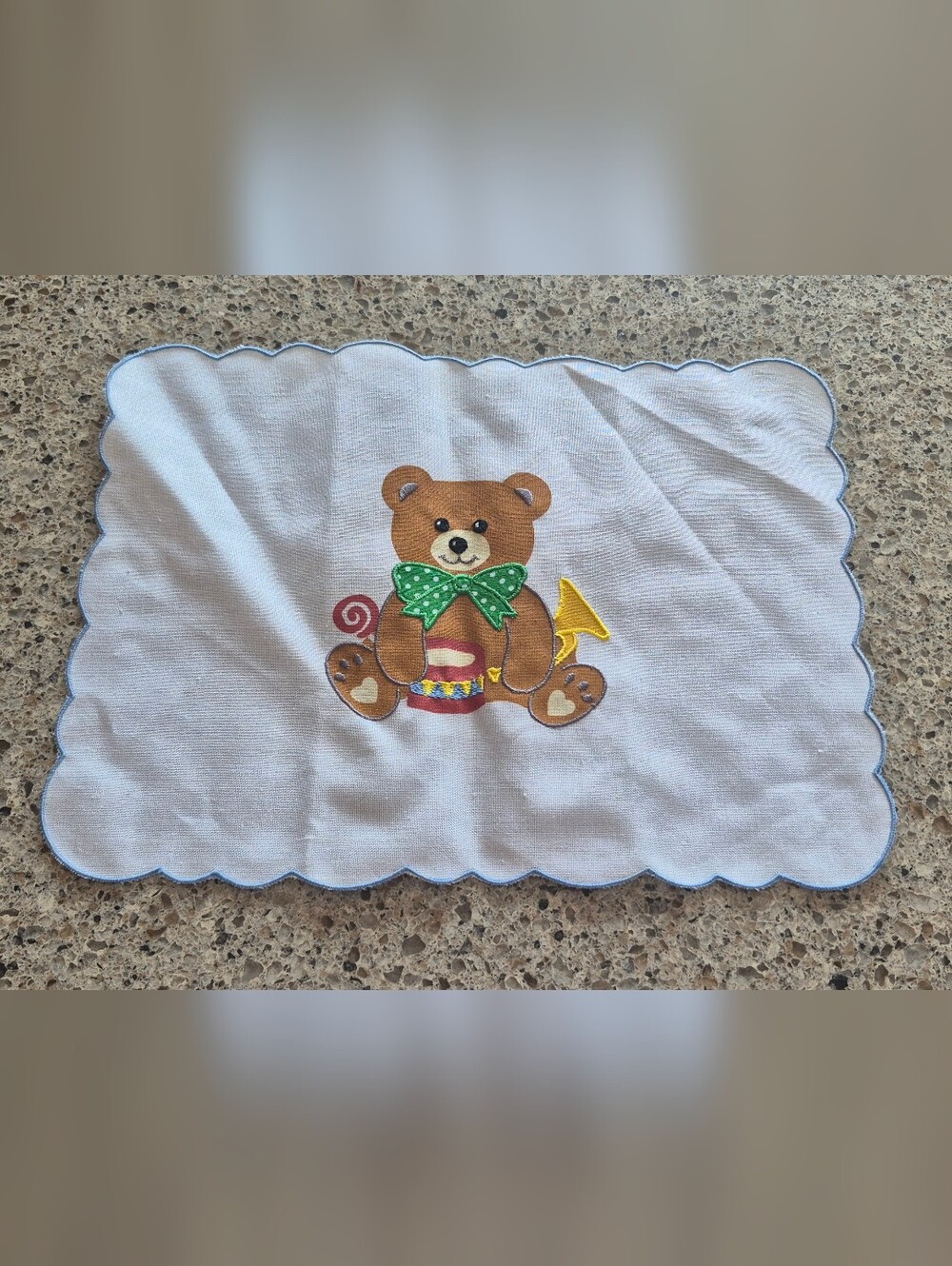 Vtg Embroidered Teddy Bear Mat Sm Table Linens Scalloped Edge Nursery Christmas